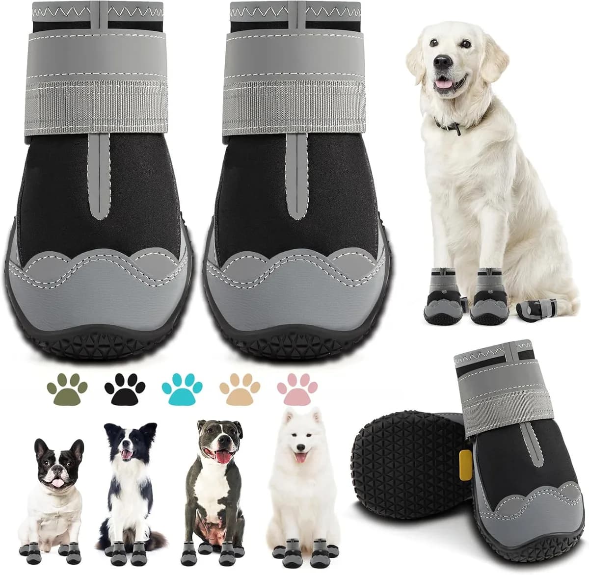 black dog boots with reflective straps, set of 4
