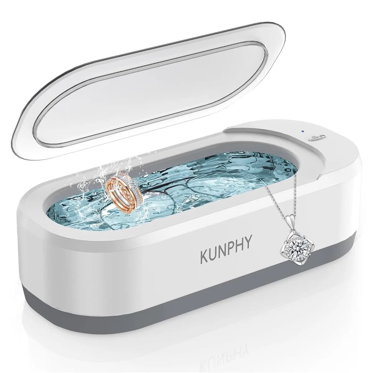 white ultrasonic jewelry cleaner with a necklace